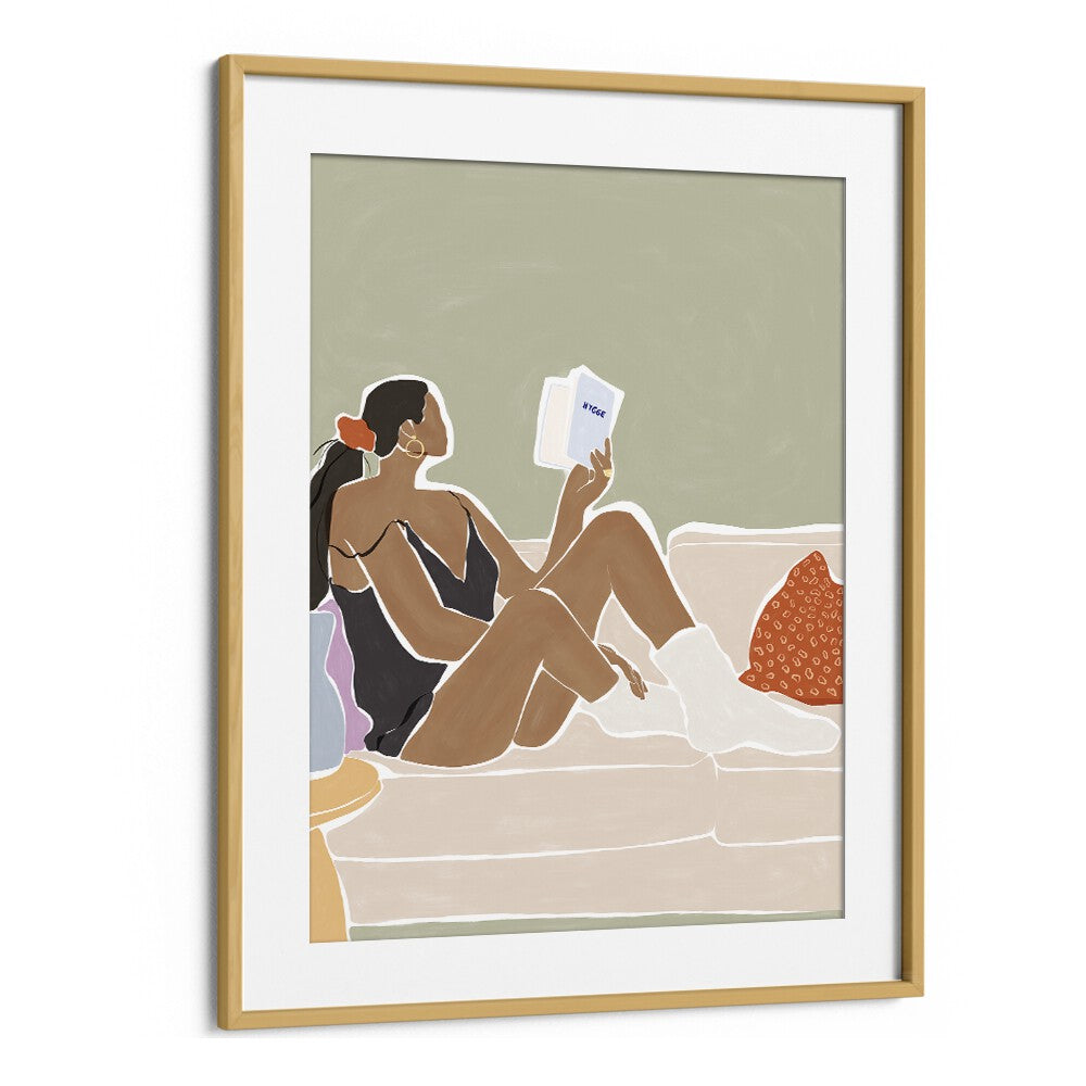 Women Reading a Book By Ivy Green Women Illustration Paintings in Oak Wood Frame With Mount