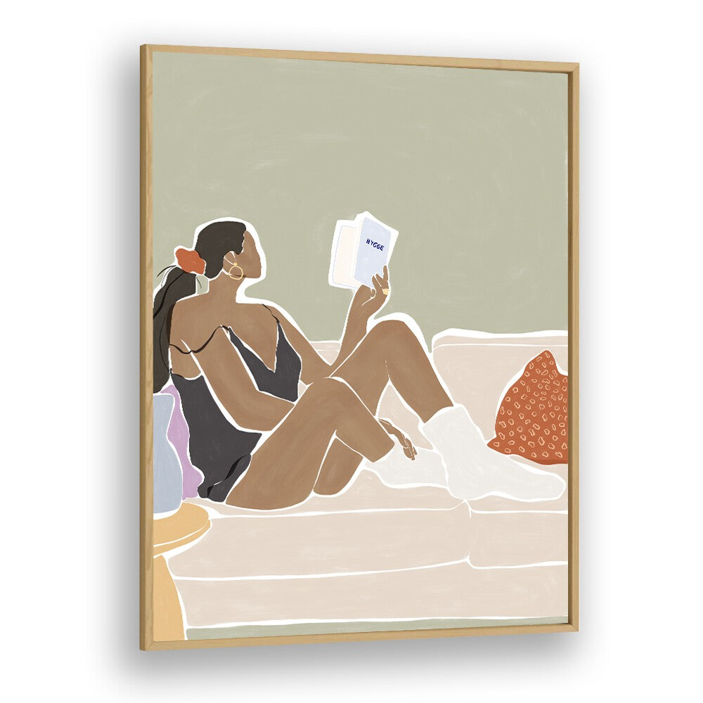 Women Reading a Book By Ivy Green Women Illustration Paintings in Oak Wood Plain Frame