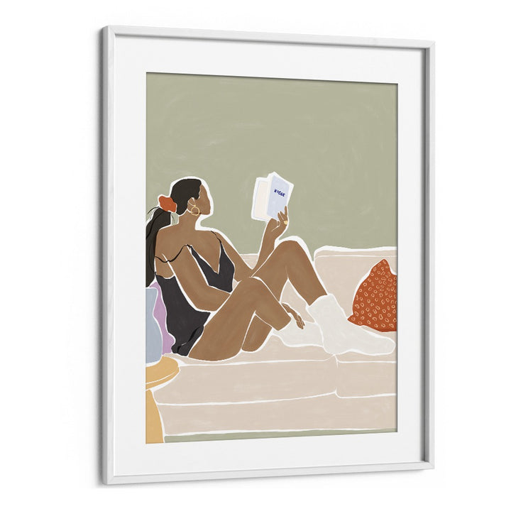 Women Reading a Book By Ivy Green Women Illustration Paintings in White Frame With Mount