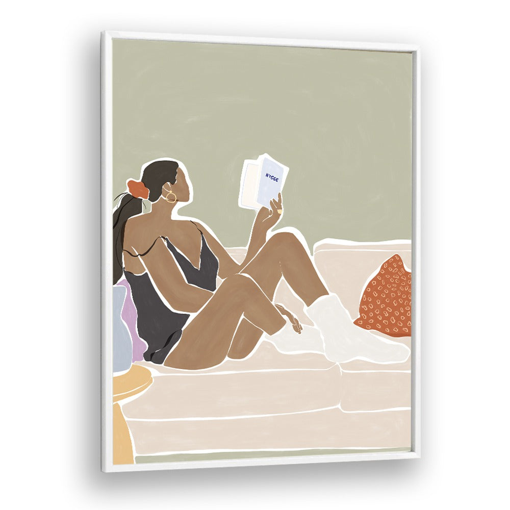 Women Reading a Book By Ivy Green Women Illustration Paintings in White Plain Frame