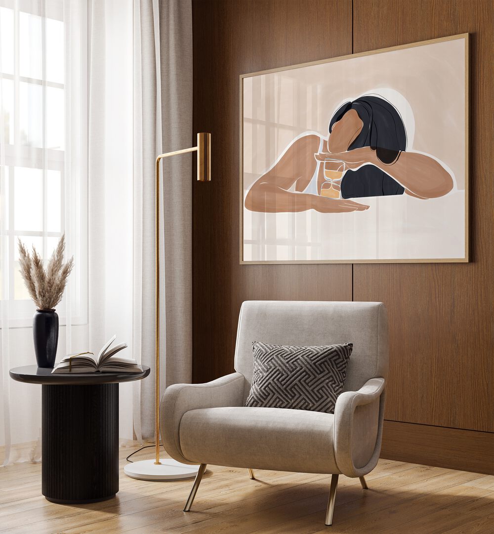 Women With Hourglass By Ivy Green Women Illustration Paintings in Oak Wood Plain Frame on a wall behind a sofa