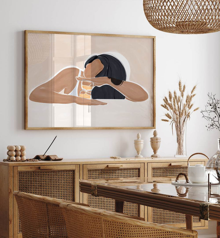 Women With Hourglass By Ivy Green Women Illustration Paintings in Oak Wood Plain Frame on a white wall above a console table 