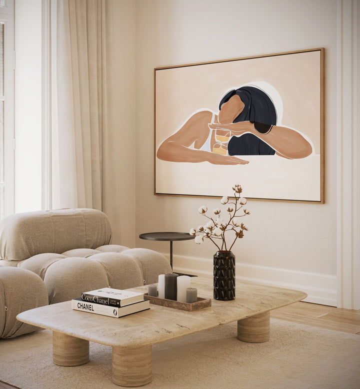 Women With Hourglass By Ivy Green Women Illustration Paintings in Oak Wood Floater Frame on a white wall beside a sofa for living room