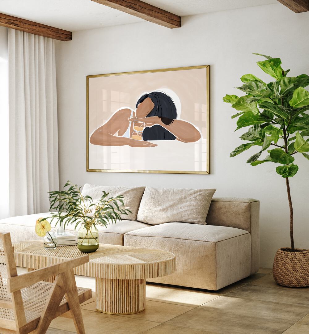 Women With Hourglass By Ivy Green Women Illustration Paintings in Oak Wood Plain Frame on a white wall behind a sofa for living room