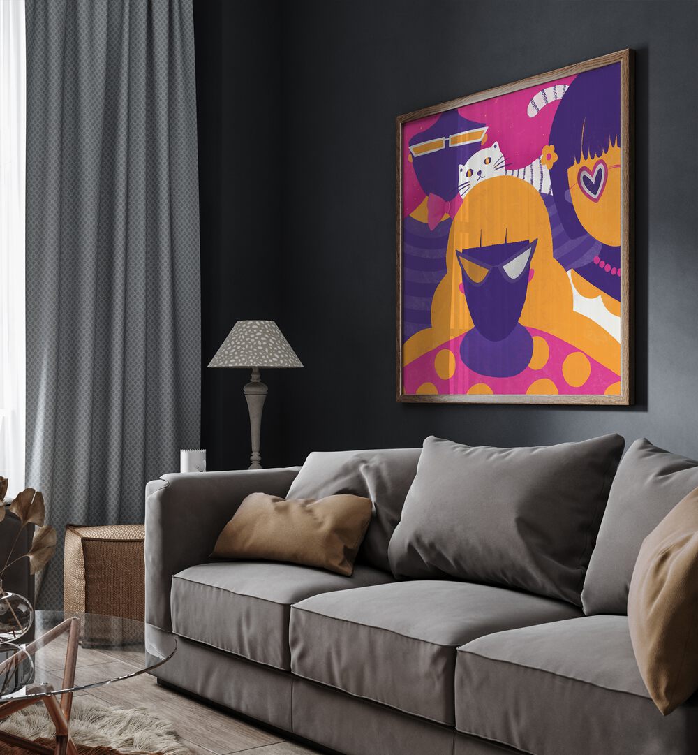 Women by Shriya Bhattacharya Art Print in Oak Wood Plain Frame behind a sofa for living room