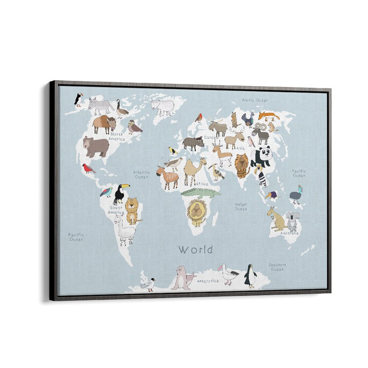 World Animal Map By Carla Daly Kids Painting in Black Floater Frame