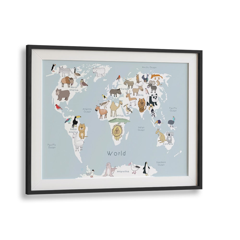 World Animal Map By Carla Daly Kids Painting in Black Frame With Mount