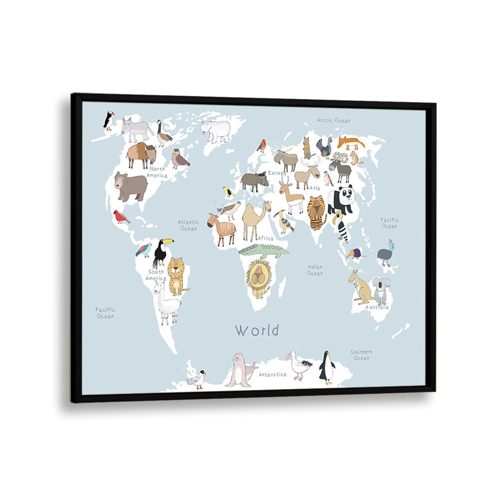 World Animal Map By Carla Daly Kids Painting in Black Plain Frame