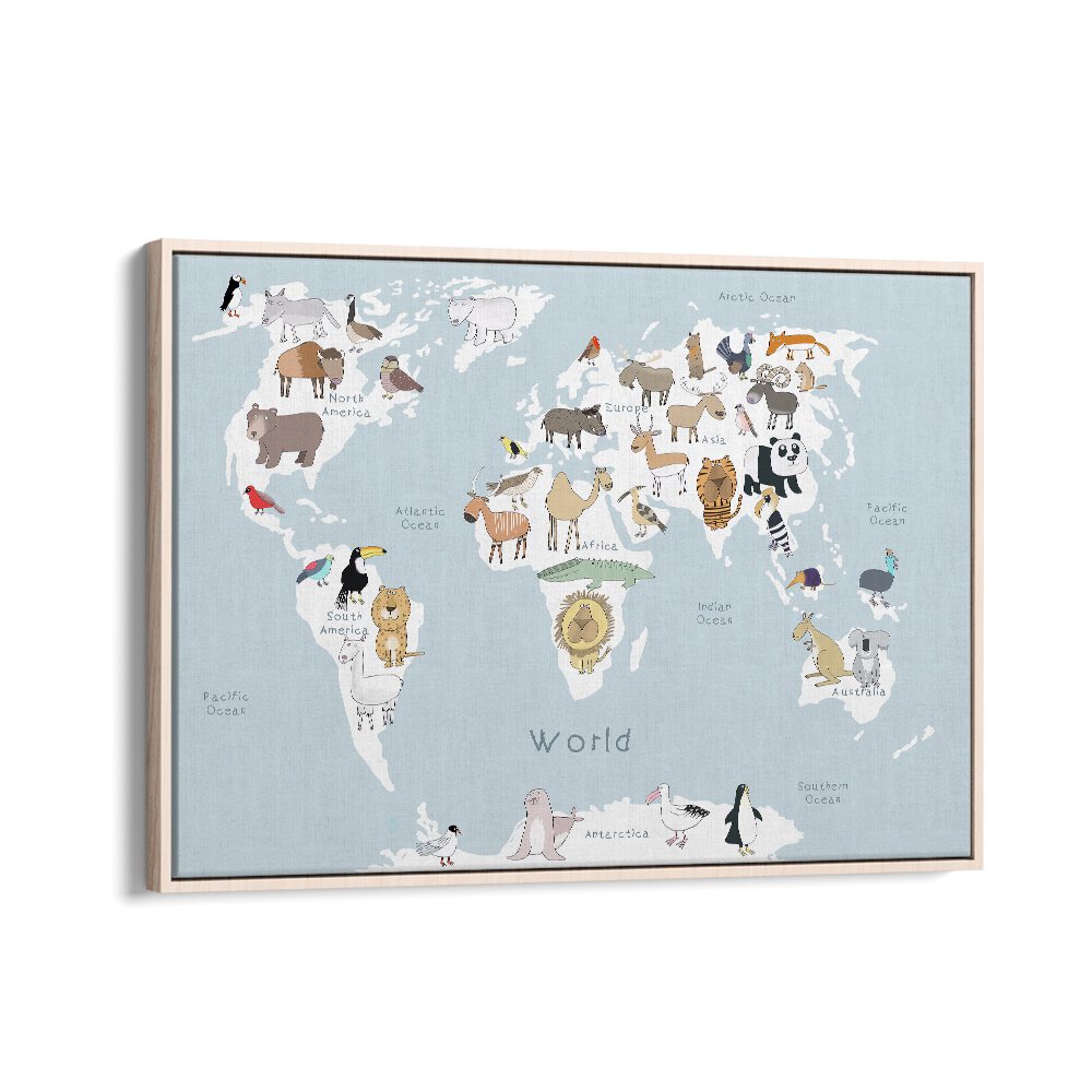 World Animal Map By Carla Daly Kids Painting in Oak Wood Floater Frame