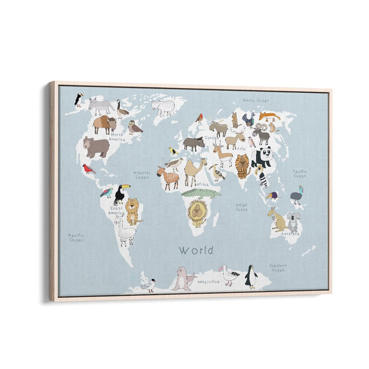 World Animal Map By Carla Daly Kids Painting in Oak Wood Floater Frame