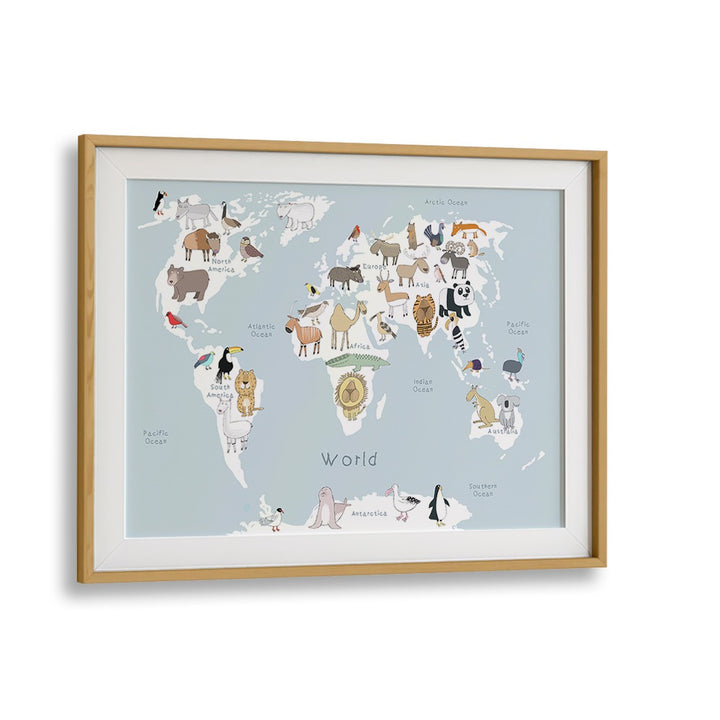 World Animal Map By Carla Daly Kids Painting in Oak Wood Frame With Mount