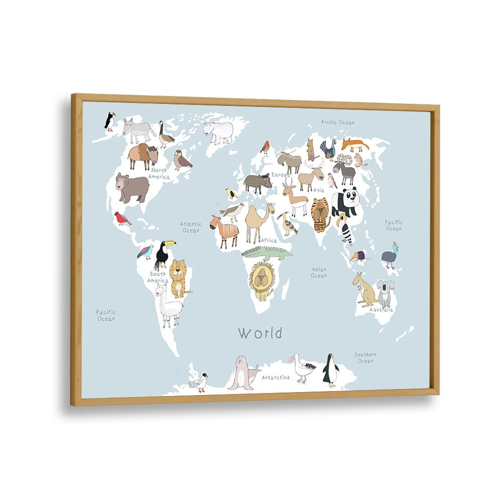 World Animal Map By Carla Daly Kids Painting in Oak Wood Plain Frame