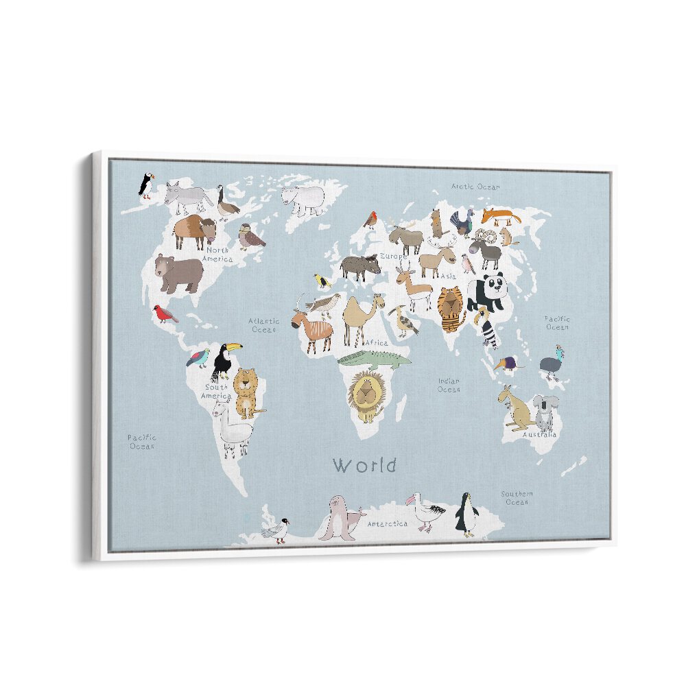 World Animal Map By Carla Daly Kids Painting in White Floater Frame