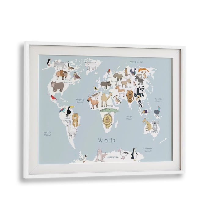 World Animal Map By Carla Daly Kids Painting in White Frame With Mount