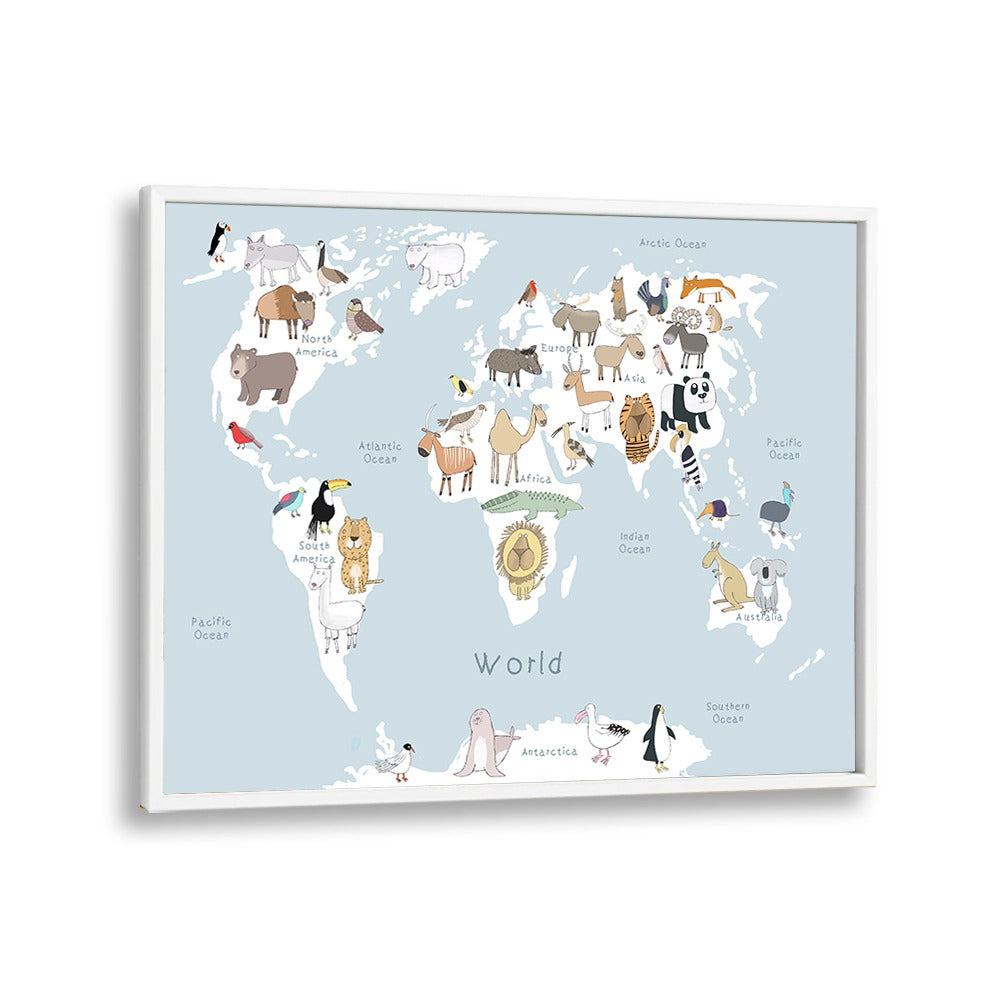 World Animal Map By Carla Daly Kids Painting in White Plain Frame