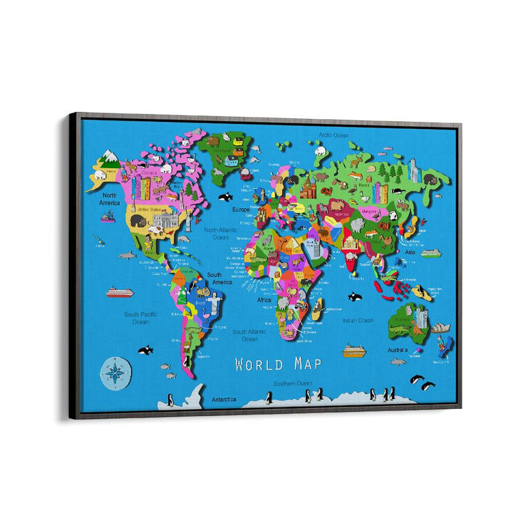 World Map By Carla Daly Kids Painting in Black Floater Frame