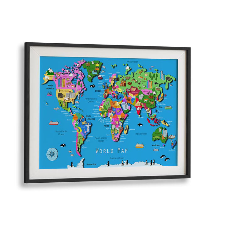 World Map By Carla Daly Kids Painting in Black Frame With Mount