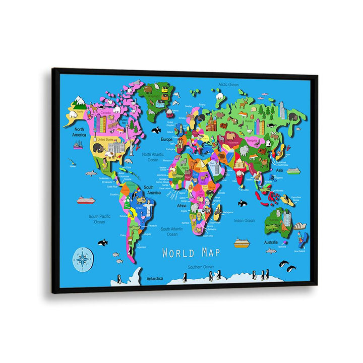 World Map By Carla Daly Kids Painting in Black Plain Frame