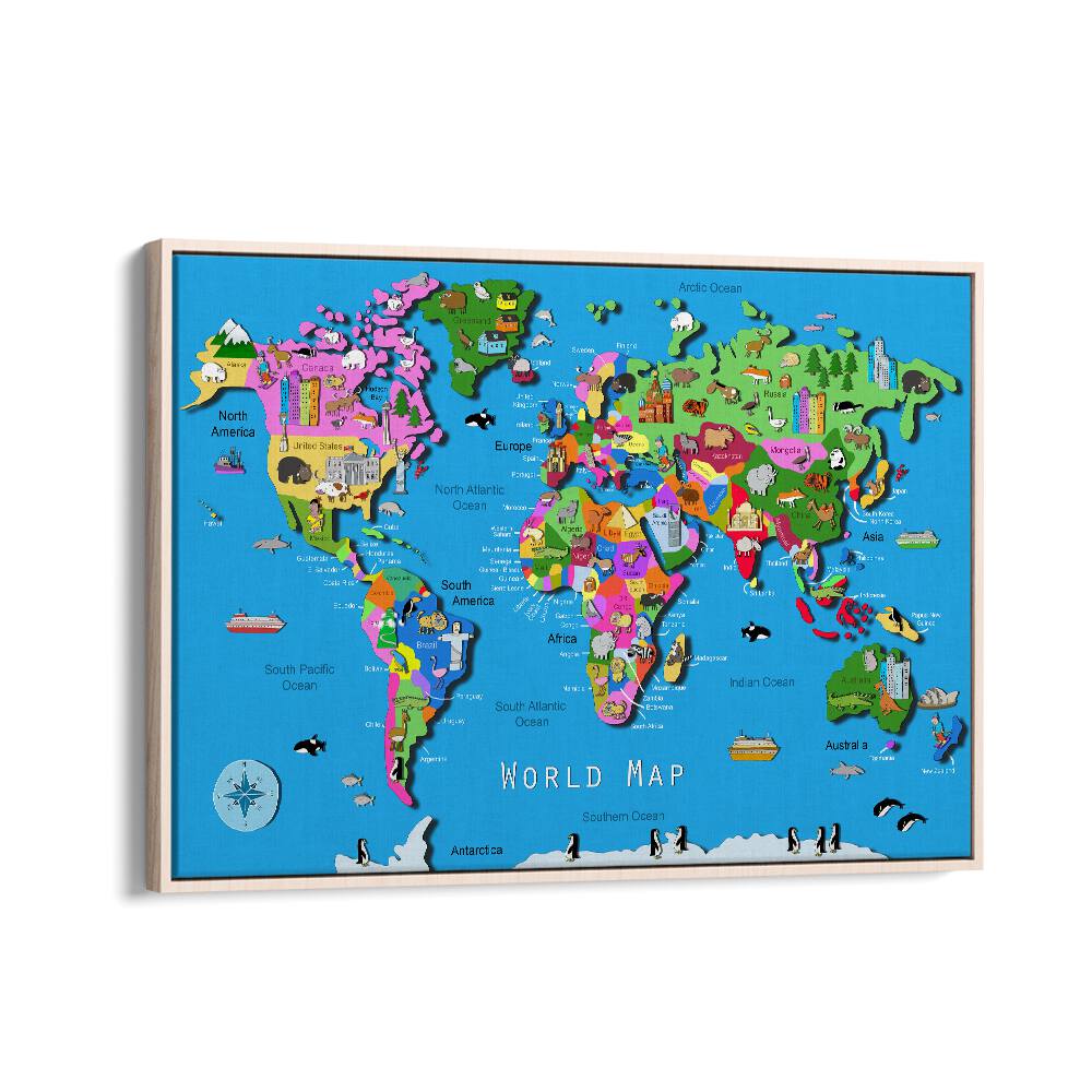 World Map By Carla Daly Kids Painting in Oak Wood Floater Frame