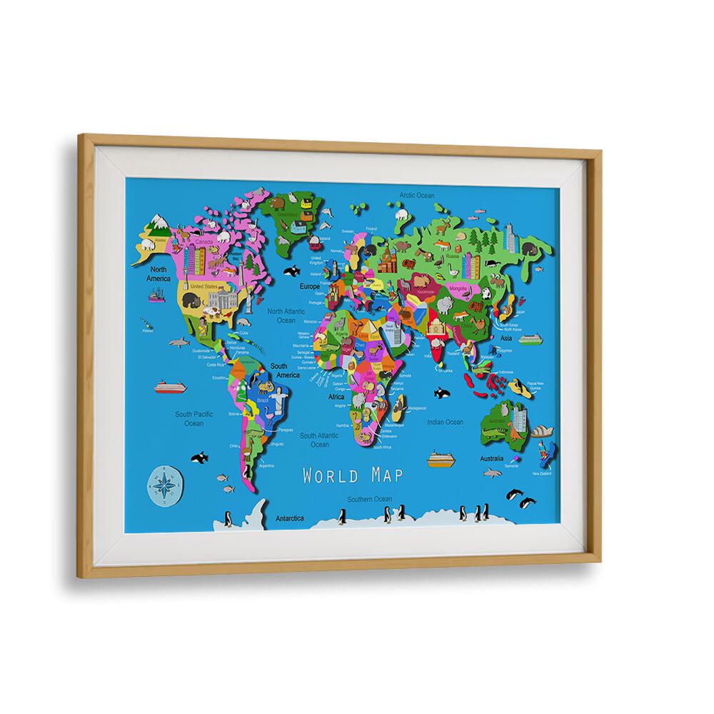 World Map By Carla Daly Kids Painting in Oak Wood Frame With Mount