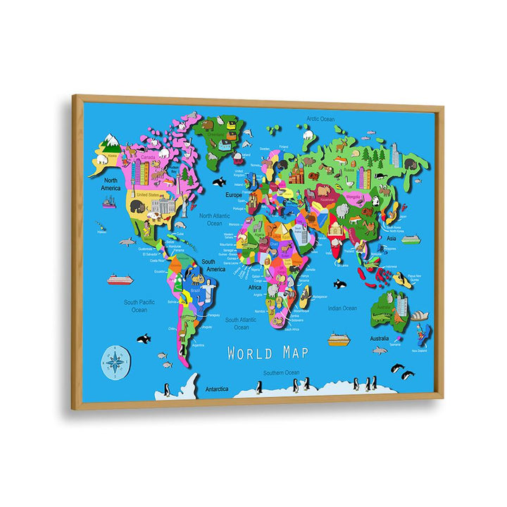 World Map By Carla Daly Kids Painting in Oak Wood Plain Frame