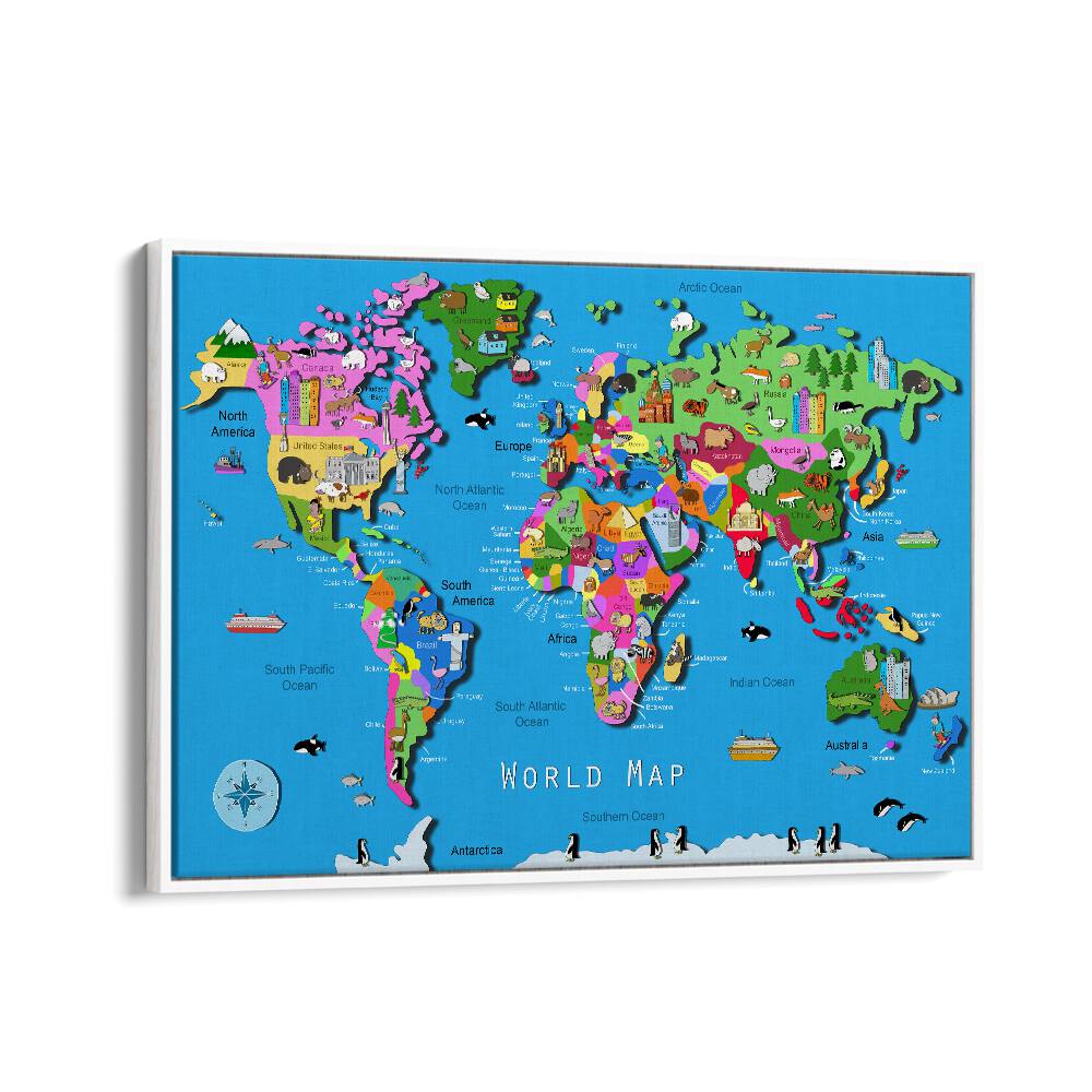 World Map By Carla Daly Kids Painting in White Floater Frame