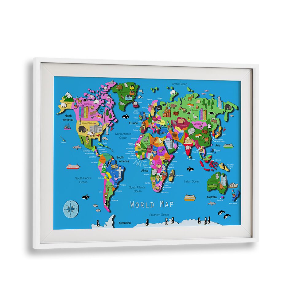 World Map By Carla Daly Kids Painting in White Frame With Mount