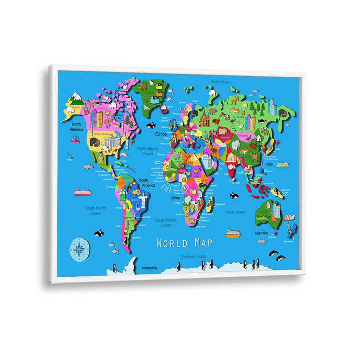 World Map By Carla Daly Kids Painting in White Plain Frame