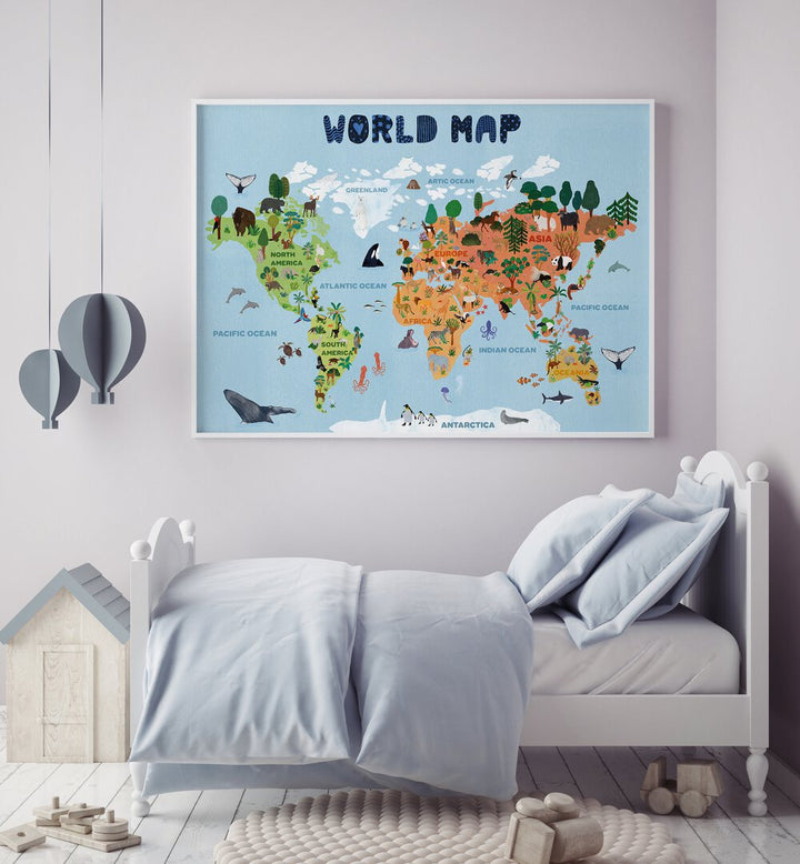 World Map By Jota De Jai Kids Room Art in White Plain Frame above a bed on a white wall