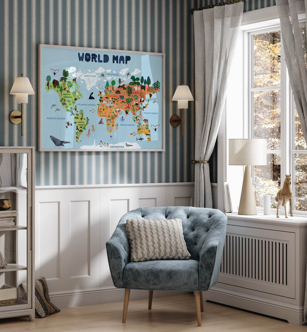 World Map By Jota De Jai Kids Room Art in Oak Wood Plain Frame beside a window on a wall