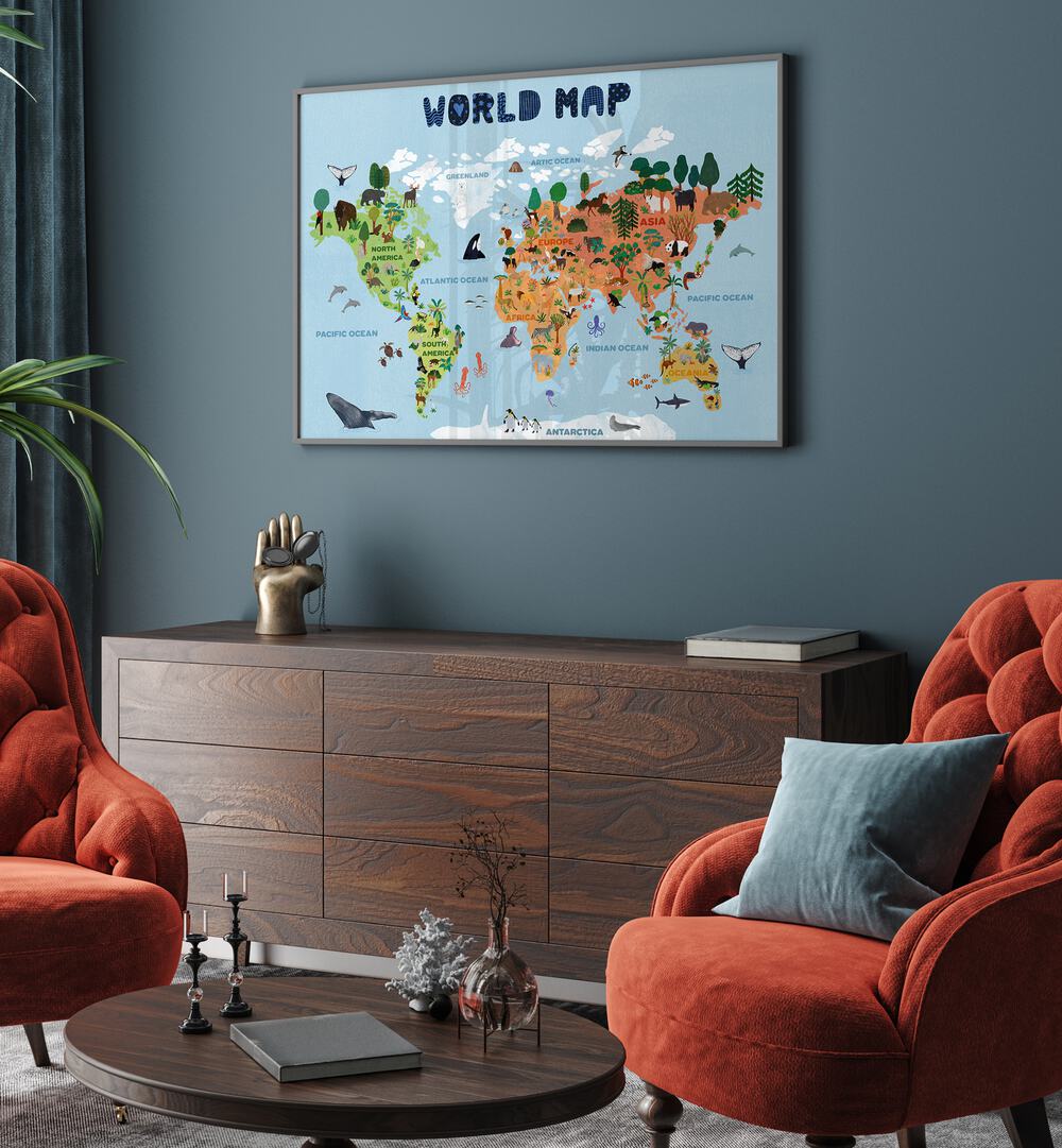 World Map By Jota De Jai Kids Room Art in Black Plain Frame on a green wall above a console table