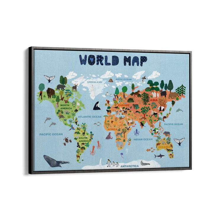 World Map By Jota De Jai Kids Room Art in Black Floater Frame