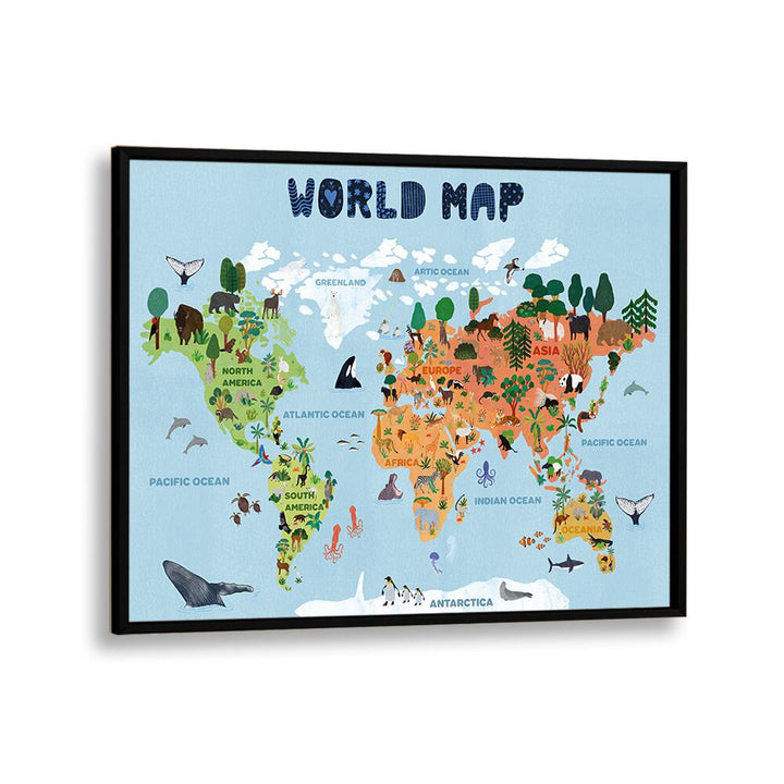 World Map By Jota De Jai Kids Room Art in Black Plain Frame