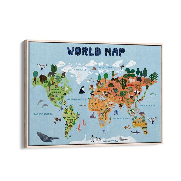 World Map By Jota De Jai Kids Room Art in Oak Wood Floater Frame