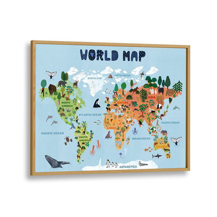 World Map By Jota De Jai Kids Room Art in Oak Wood Plain Frame