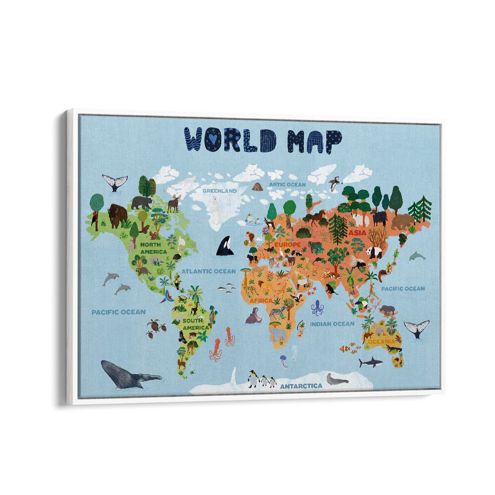 World Map By Jota De Jai Kids Room Art in White Floater Frame