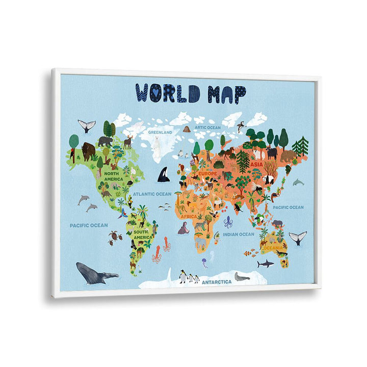 World Map By Jota De Jai Kids Room Art in White Plain Frame