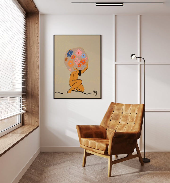 World On Her Shoulders By Arty Guava Wall Art Prints in Black Plain Frame placed on a Cream Colored Wall in the Drawing Room