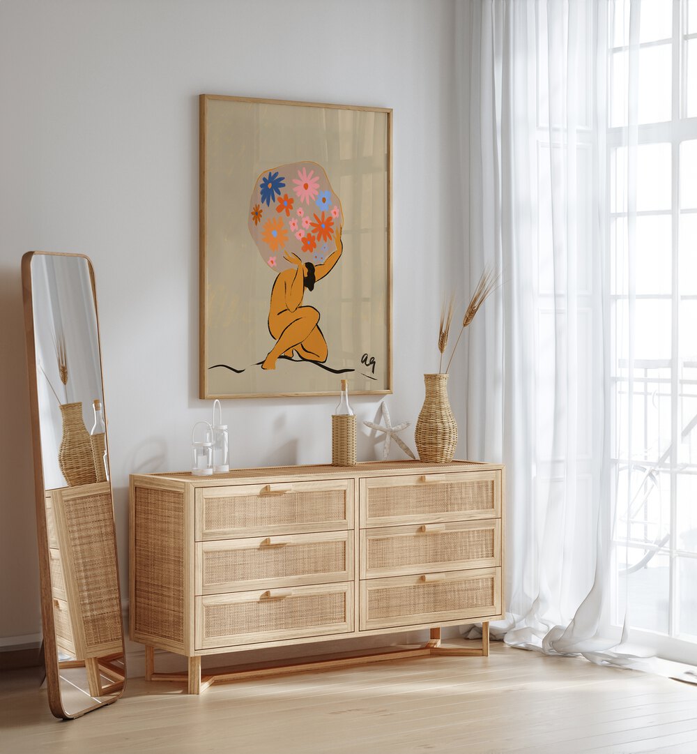 World On Her Shoulders By Arty Guava Wall Art Prints in Oak Wood Plain Frame placed on a White Colored Wall above a Console Table in the Drawing Room 