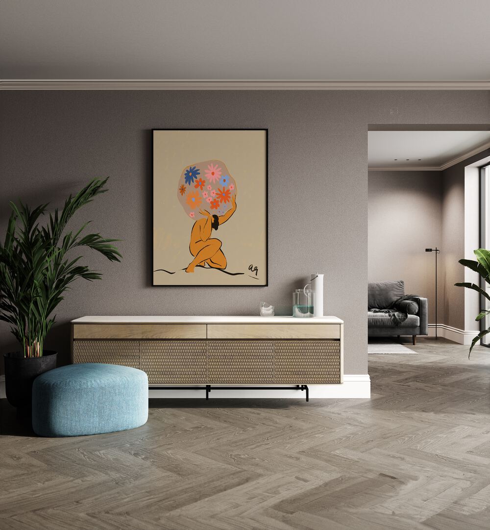 World On Her Shoulders By Arty Guava Wall Art Prints in Black Plain Frame placed on a Beige Colored Wall above a Console Table in the Drawing Room