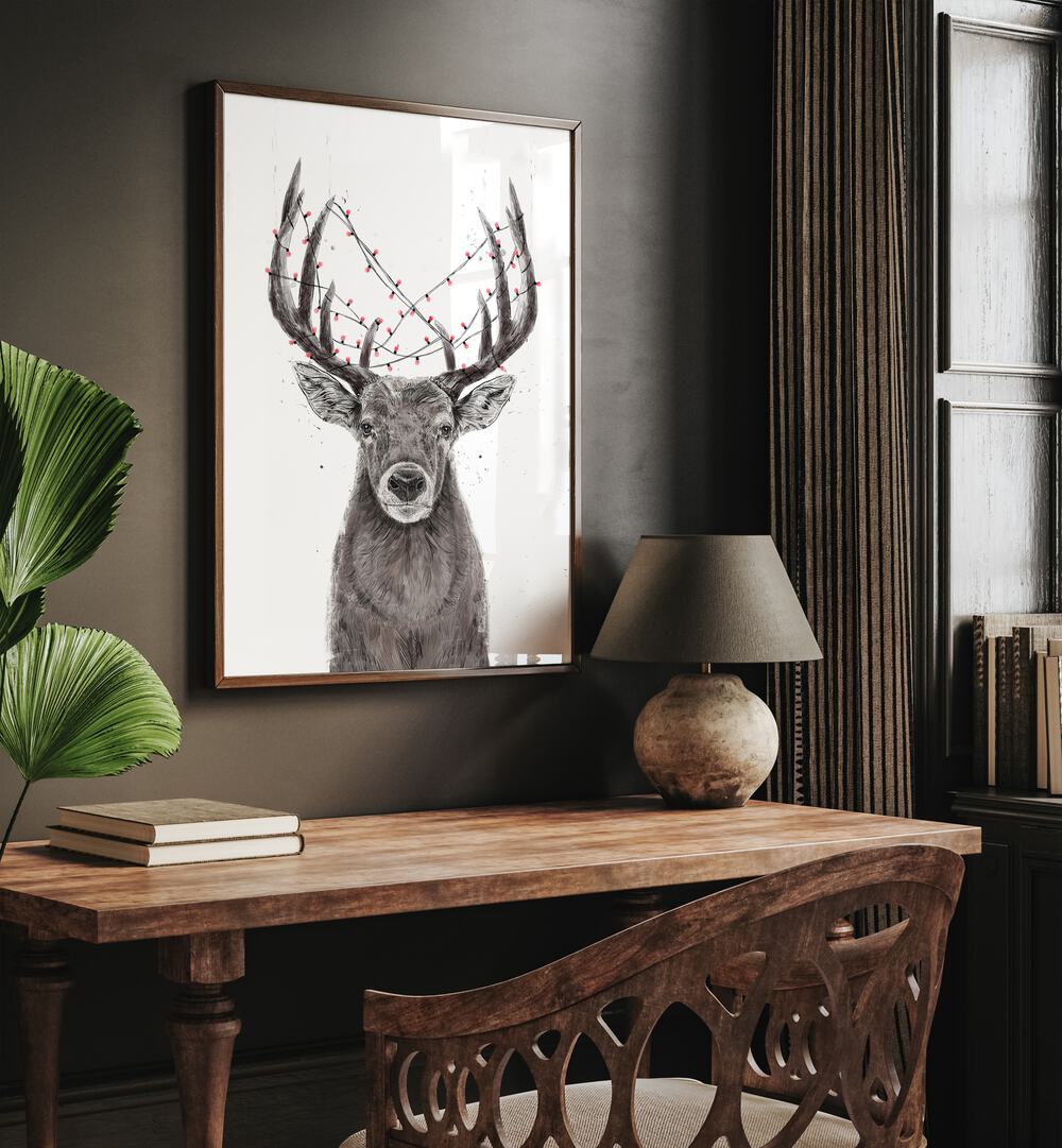 Xmas Deer By Balazs Solti Kids Room Art in Dark Wood Plain placed on a Brown Colored Wall near a Study Table in the Drawing RoomFrame