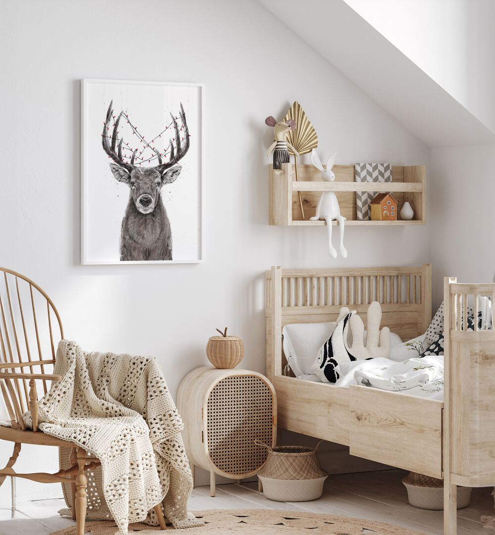 Xmas Deer By Balazs Solti Kids Room Art in White Plain Frame placed on a White Colored Wall in the Kids Room