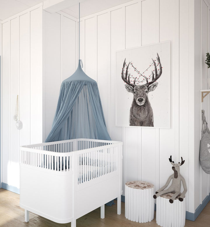 Xmas Deer By Balazs Solti Kids Room Art in White Plain Frame placed on a White Colored Wall in the Kids Room