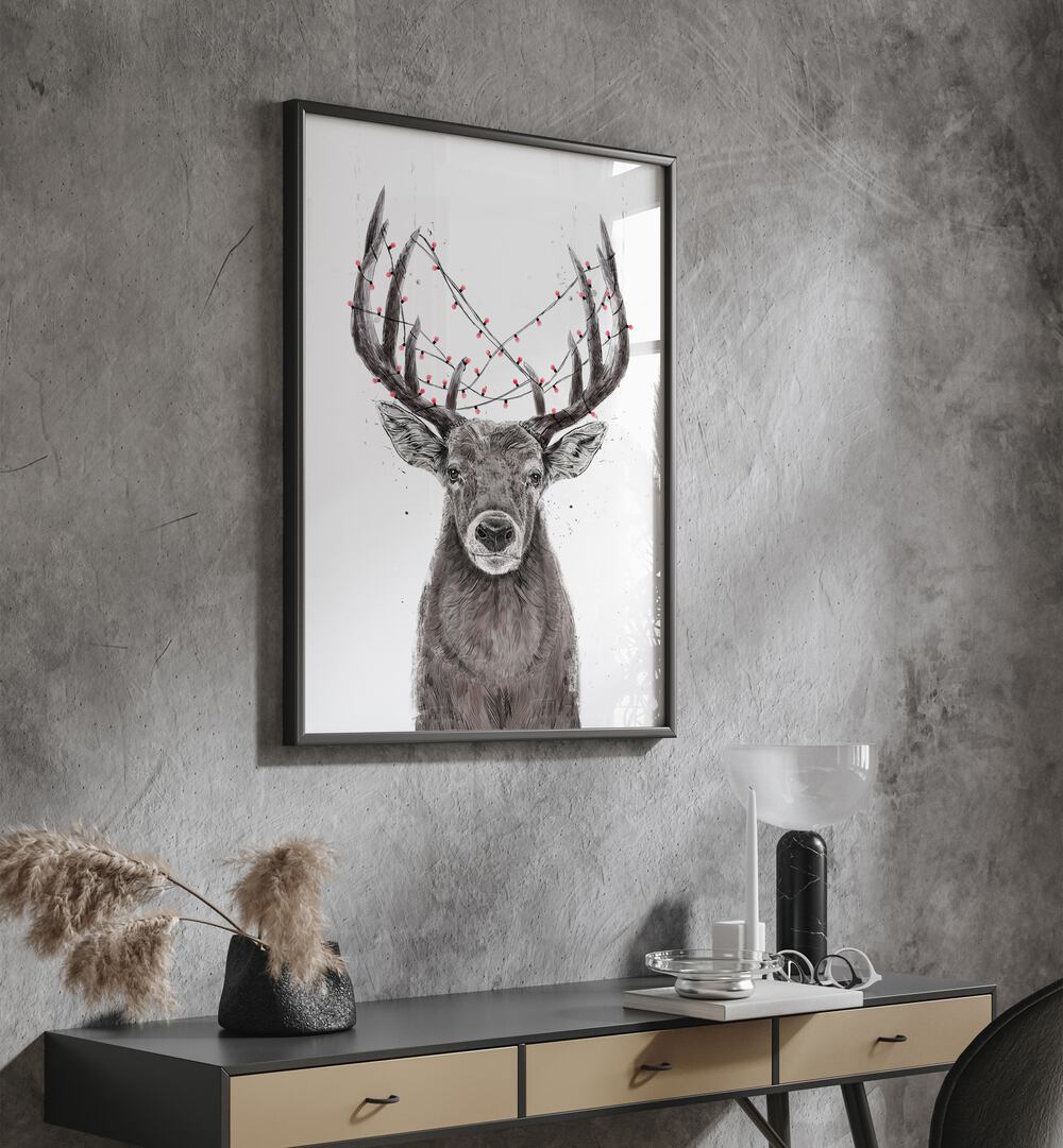 Xmas Deer By Balazs Solti Kids Room Art in Black Plain Frame placed on a Dark Grey Colored Wall above a Console Table in the Drawing Room