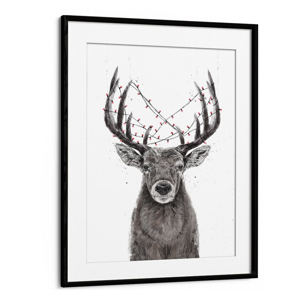 Xmas Deer By Balazs Solti Kids Room Art in Black Frame With Mount