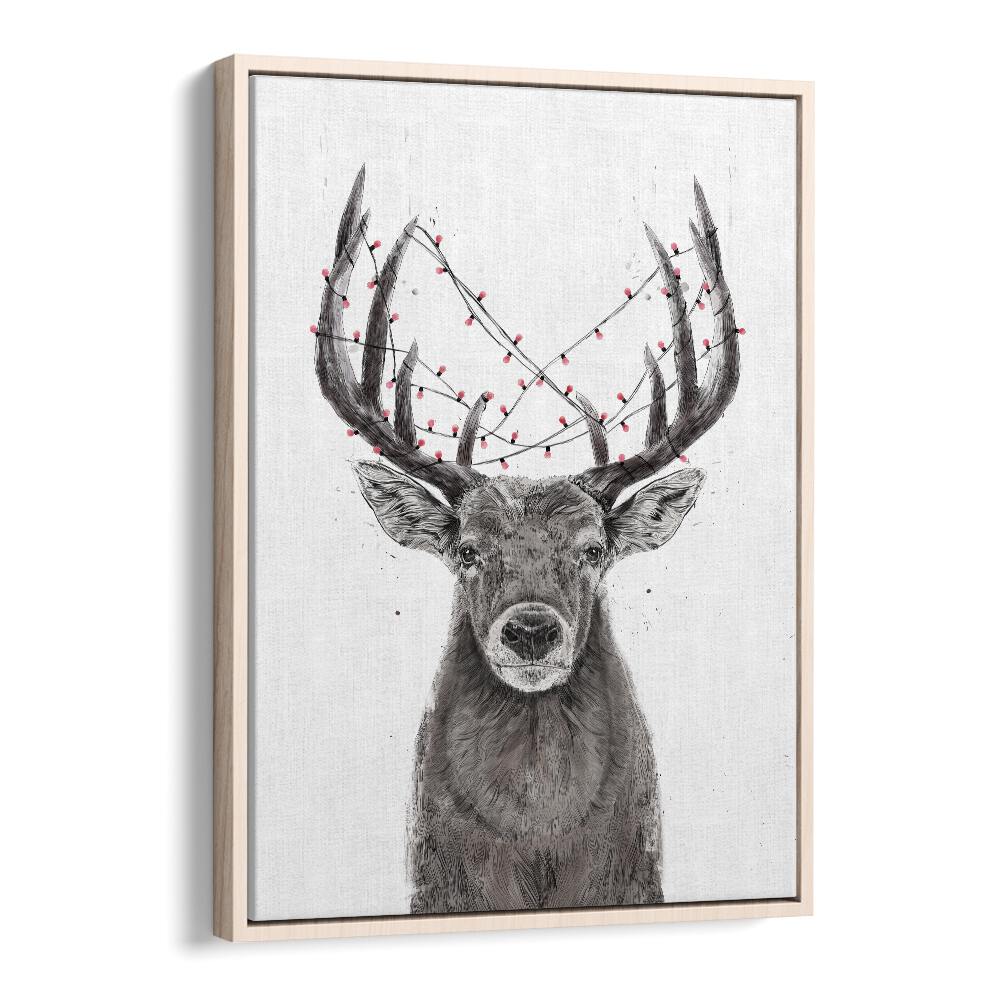 Xmas Deer By Balazs Solti Kids Room Art in Oak Wood Floater Frame