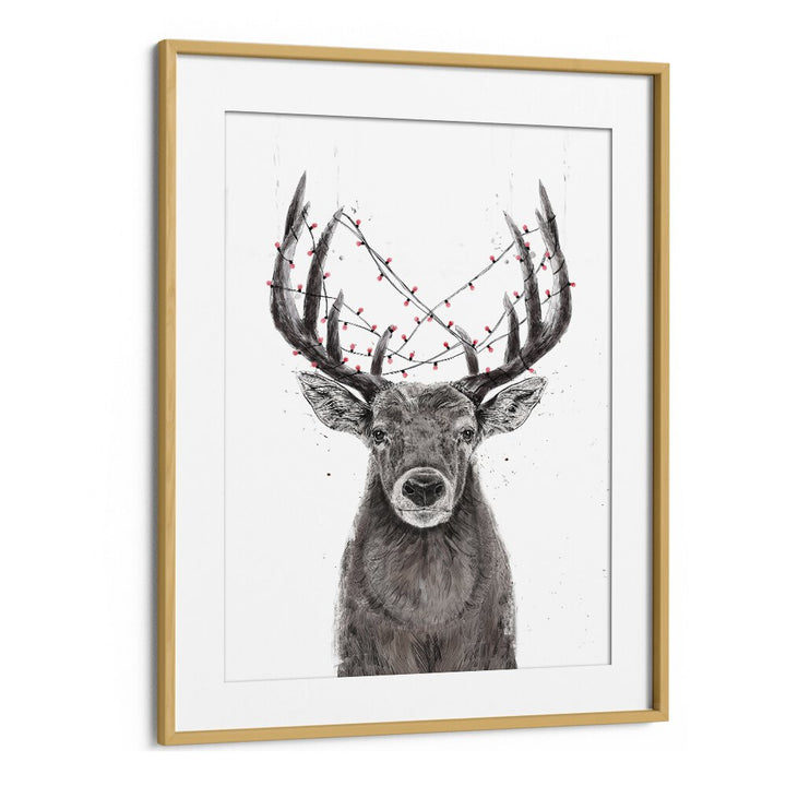 Xmas Deer By Balazs Solti Kids Room Art in Oak Wood Frame With Mount