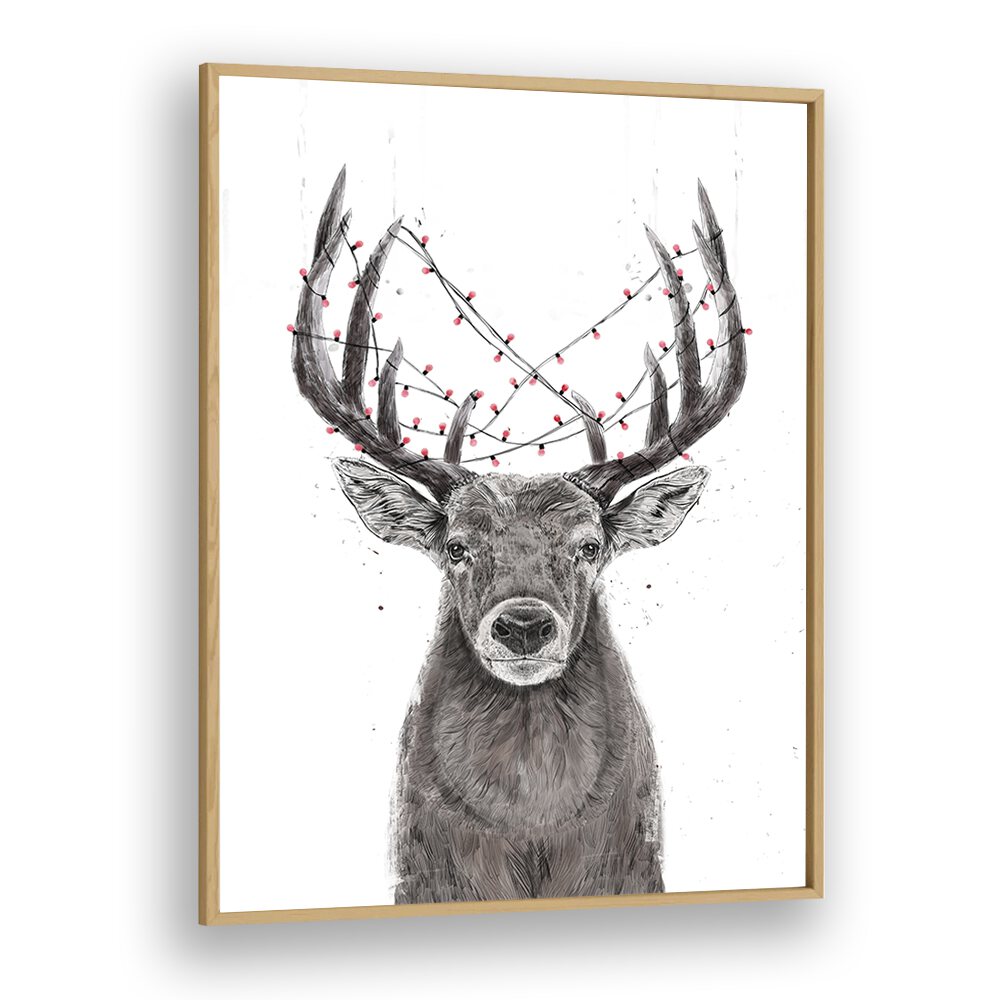 Xmas Deer By Balazs Solti Kids Room Art in Oak Wood Plain Frame