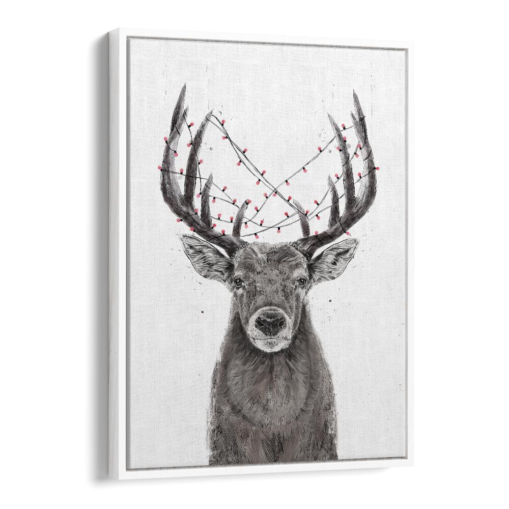 Xmas Deer By Balazs Solti Kids Room Art in White Floater Frame