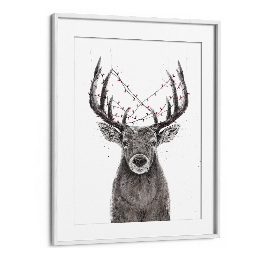 Xmas Deer By Balazs Solti Kids Room Art in White Frame With Mount